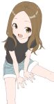  1girl :d absurdres black_shirt blue_shorts brown_eyes brown_hair commentary_request forehead highres karakai_jouzu_no_takagi-san long_hair looking_at_viewer open_mouth shirt short_sleeves shorts simple_background sitting smile solo t-shirt takagi-san thighs white_background yamamoto_souichirou 