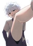  1boy black_eyes dated empty_eyes grey_hair grin hair_between_eyes hands_in_pockets highres hunter_x_hunter killua_zoldyck layered_sleeves leg_up looking_at_viewer male_focus shirt shishanmo shorts signature simple_background smile solo white_background 