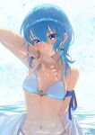 1girl arm_up bikini blue_eyes blue_hair breasts chakuma_(yiyh1468) closed_mouth earrings hair_between_eyes highres hololive hoshimachi_suisei jewelry long_hair looking_at_viewer navel o-ring o-ring_top small_breasts solo star_(symbol) star_in_eye stomach swimsuit symbol_in_eye virtual_youtuber water white_bikini 