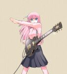  1girl :o artist_name black_skirt blue_eyes bocchi_the_rock! brown_background clenched_hand commentary cube_hair_ornament electric_guitar floating_hair gibson_les_paul gotou_hitori guitar hair_between_eyes hair_ornament hand_up highres instrument jacket kikumaru_bunta long_bangs long_hair one_side_up open_mouth pants pants_under_skirt pink_hair pink_jacket pink_pants pink_track_suit pleated_skirt shaded_face signature skirt solo spread_legs standing sweatpants textless_version track_jacket 