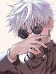  1boy absurdres black_jacket blue_eyes blush gojou_satoru hand_up highres jacket jujutsu_kaisen jujutsu_tech_uniform long_sleeves looking_at_viewer male_focus mar_(march_jjt) open_mouth round_eyewear school_uniform short_hair simple_background solo sunglasses teeth twitter_username upper_body v-shaped_eyebrows white_background white_hair 