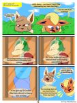  3:4 absurd_res anthro brown_body brown_eyes brown_fur canid canine clothed clothing comic digital_drawing_(artwork) digital_media_(artwork) duo eevee eeveelution elizabeth_venizee english_text female flamberry_(artist) flareon franklin_flare fur generation_1_pokemon generation_2_pokemon generation_4_pokemon hair hi_res leafeon lyennan_venizee_flare_(flamberry) male male/female mammal nintendo open_mouth plant pokemon pokemon_(species) simple_background text 