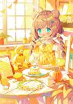  1girl :d ahoge animal_ears bear_ears bendy_straw blue_eyes blush braid brown_hair chair collared_dress commentary_request cup dress drink drinking_glass drinking_straw fang feet_out_of_frame flower food food_request frilled_shirt_collar frills fruit hair_ornament hairclip highres ikari_(aor3507) indoors lemon long_hair looking_at_viewer low_twintails menu on_chair original pennant plaid plaid_dress plant plate potted_plant smile solo string_of_flags stuffed_animal stuffed_toy table teddy_bear twin_braids twintails twitter_username white_flower window wooden_floor yellow_dress yellow_flower 