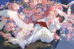  1boy bird bishounen blurry blurry_foreground book braid branch buttons chen_feng cherry_blossoms closed_mouth collarbone collared_shirt day depth_of_field dove dream_mansion falling_petals flower flying hair_between_eyes hand_up highres holding holding_book in_tree lens_flare long_hair long_sleeves looking_away looking_to_the_side male_focus mr-study open_book open_collar orange_hair outdoors pants petals pink_flower red_eyes shirt shoes side_braid single_braid sitting sitting_in_tree smile solo tree very_long_hair white_footwear white_pants white_shirt wing_collar 
