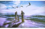  athena_(ff14) barefoot beach black_capelet black_robe blue_sky brown_hair capelet child cloud covered_eyes day erichthonios family final_fantasy final_fantasy_xiv hephaistos_(ff14) hood hood_down hooded_capelet lens_flare letterboxed mask ocean orange_hair outdoors robe scenery short_hair simple_bird skraksff sky walking wide_shot 