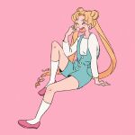  1girl ^_^ arm_support bishoujo_senshi_sailor_moon blonde_hair closed_eyes commentary dango double_bun earrings eating food full_body hair_bun highres jewelry long_hait open_mouth overalls pink_background red_footwear simple_background socks solo symbol-only_commentary tsukino_usagi twintails wagashi white_socks xephia 