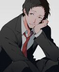  1boy adachi_tooru arm_support black_hair black_jacket black_pants business_suit closed_mouth collared_shirt commentary_request grey_background grey_eyes hand_on_own_cheek hand_on_own_face hand_up jacket long_sleeves looking_to_the_side male_focus necktie pants persona persona_4 red_necktie shirt short_hair simple_background sitting solo suit white_shirt yoshino_saku 