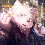  5_fingers absurd_res anthro bear blush cheek_tuft chubby_anthro chubby_male city city_background claws clothed clothing facial_tuft fingers fur gharne head_tuft hi_res inner_ear_fluff jacket looking_at_viewer male mammal neck_tuft raining shaded solo topwear tuft white_body white_fur 