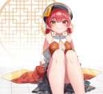  1girl absurdres arm_support black_skirt breasts chinese_clothes cleavage cleavage_cutout clothing_cutout detached_sleeves feet_out_of_frame grin hat heterochromia highres hololive houshou_marine knees_up leaning_back looking_at_viewer medium_breasts ofuda qing_guanmao red_eyes red_hair shirt short_hair sitting skirt sleeveless sleeveless_shirt sleeves_past_fingers sleeves_past_wrists smile solo tile_floor tiles tonegawa_ribu virtual_youtuber yellow_eyes 