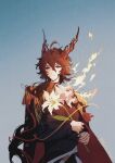  1boy ahoge animal_ears arknights artist_name black_cape black_hair black_shirt cape crying crying_with_eyes_open ebenholz_(arknights) ebenholz_(eine_variation)_(arknights) epaulettes fire flower goat_boy goat_ears goat_horns hair_between_eyes hair_ribbon highres holding holding_flower horns long_hair long_sleeves male_focus ponytail purple_eyes red_ribbon ribbon shikiri shirt solo standing tears twitter_username upper_body white_flower 