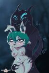  blush breasts duo female frown greatfapage green_hair hair hi_res humanoid humanoid_pointy_ears league_of_legends leg_grab navel navel_piercing nipple_piercing nipples not_furry nude piercing pubes riot_games squish thigh_grab thigh_squish vex_(lol) yordle 