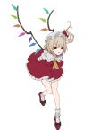  1girl absurdres arms_behind_back ascot black_bow blonde_hair bow collared_shirt crystal daimaou_ruaeru flandre_scarlet footwear_bow full_body hair_between_eyes hat hat_bow high_heels highres leg_up looking_at_viewer mob_cap multicolored_wings one_side_up puffy_short_sleeves puffy_sleeves red_eyes red_footwear red_skirt red_vest shirt shoes short_hair short_sleeves simple_background skirt skirt_set smile socks solo standing standing_on_one_leg tongue tongue_out touhou vest white_background white_headwear white_shirt white_socks wings yellow_ascot 