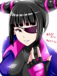  1girl black_hair breasts evil_grin evil_smile eyepatch fingerless_gloves gloves grin han_juri highres okyou ponytail purple_eyes short_hair smile street_fighter street_fighter_v track_suit 