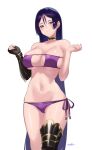  1girl absurdres armlet bare_shoulders bikini black_gloves blush breasts choker cleavage closed_mouth collarbone elbow_gloves eyepatch_bikini fate/grand_order fate_(series) fingerless_gloves gloves highres kurozawa_yui large_breasts long_hair looking_at_viewer minamoto_no_raikou_(fate) minamoto_no_raikou_(swimsuit_lancer)_(fate) navel parted_bangs purple_bikini purple_eyes purple_hair single_elbow_glove single_glove smile solo swimsuit thighs very_long_hair 