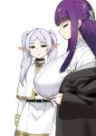  2girls alternate_breast_size blue_eyes breasts closed_eyes closed_mouth fern_(sousou_no_frieren) frieren hair_ornament highres huge_breasts long_hair long_sleeves looking_at_another meme multiple_girls parted_lips pectoral_envy_(meme) pointy_ears purple_hair revision simple_background sky-freedom sousou_no_frieren twintails white_background white_hair 