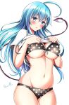  1girl ahoge bikini black_bikini blue_eyes blue_hair blue_haired_devil_girl_(ryopa) blush breasts clothes_lift demon_tail front-tie_bikini_top front-tie_top hair_between_eyes highres huge_ahoge large_breasts lifted_by_self long_hair navel original polka_dot polka_dot_bikini ryopa shirt shirt_lift signature solo stomach swimsuit tail underboob white_shirt 