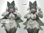  1girl :3 areola_slip belly breasts cowboy_shot english_text fangs half-closed_eyes highres large_breasts looking_at_viewer multiple_views navel nipples no_humans pelvic_curtain pokemon pokemon_(creature) pokemon_(game) pokemon_sv pussy red_eyes scissors smewed smile sprigatito white_fur 