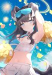  1girl absurdres animal_ears arm_up armpits bare_arms bare_shoulders black_hair blue_archive blue_eyes blue_sky blush breasts cheerleader commentary_request confetti cowboy_shot crop_top dog_ears dog_girl dog_tail eyewear_on_head goggles goggles_on_head halo hibiki_(blue_archive) hibiki_(cheer_squad)_(blue_archive) highres komatsu_(komatsuu123) long_hair looking_at_viewer medium_breasts midriff millennium_cheerleader_outfit_(blue_archive) navel official_alternate_costume partial_commentary pom_pom_(cheerleading) skirt sky sleeveless smile solo sunglasses tail white_skirt 
