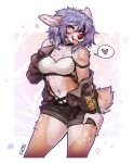  &lt;3 absurd_res aldea_(character) anthro blep blue_hair bottomwear bra breasts chest_tuft choker clothed clothing deer f-r95 female front_view fully_clothed fur hair hi_res jacket jewelry looking_at_viewer mammal midriff necklace one_eye_closed open_clothing open_jacket open_topwear partially_clothed seductive shorts solo standing tan_body tan_fur tongue tongue_out topwear tuft underwear 