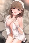  1girl areola_slip armpit_crease blush breasts brown_hair cleavage collarbone completely_nude covering hairband highres idolmaster idolmaster_cinderella_girls large_breasts looking_at_viewer looking_up mk_(mod0) nude nude_cover onsen outdoors sakuma_mayu sitting solo steam white_hairband wristband 