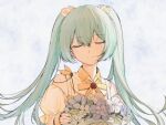  1girl apu-chm blue_flower blush bouquet bow bowtie closed_eyes closed_mouth cloud cloudy_sky collared_shirt day detached_collar earrings facing_viewer floating_hair flower flower_earrings green_hair hair_between_eyes hair_flower hair_ornament hatsune_miku highres holding holding_bouquet jewelry long_hair off-shoulder_shirt off_shoulder orange_bow orange_bowtie outdoors overcast shirt sidelocks sky smile solo twintails vocaloid white_flower yellow_shirt 