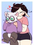  &lt;3 anthro blep blush bottomwear bovid caprine cheek_tuft clothed clothing dialogue digital_media_(artwork) domestic_ferret duo eyes_closed eyewear facial_tuft fluffy fluffy_tail fully_clothed glasses green_eyes hair hi_res holding_up horn jacket male mammal mustelid musteline nahte_(zlut385) partially_clothed pawpads paws pixel_(artwork) sheep shirt shorts smile t-shirt tail text thick_thighs tongue tongue_out topwear true_musteline tuft weasel zlut385 