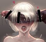  1boy 1girl after_fellatio bar_censor censored collarbone commentary_request completely_nude cum cum_in_mouth cum_on_penis cum_on_tongue elinggu hetero highres huge_penis mole mole_under_mouth nier:automata nier_(series) nude open_mouth penis penis_on_face penis_over_eyes short_hair simple_background teeth tongue tongue_out upper_teeth_only white_hair yorha_no._2_type_b 