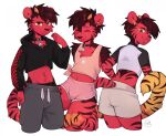  anthro bottomwear boxers_(clothing) butt clothing collar crop_top duskihorns felid fur hair hi_res hotpants male mammal midriff orange_tail_tip presenting presenting_hindquarters red_body red_fur red_hair red_tail shirt shorts sweatpants tail topwear underwear 