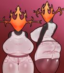  big_breasts big_butt black_body black_skin bottomwear breasts butt clothed clothing digital_drawing_(artwork) digital_media_(artwork) faceless faceless_character female for_a_head fozuna grey_body grey_skin hi_res huge_breasts huge_butt humanoid looking_at_viewer looking_back looking_back_at_viewer nipples not_furry object_head omen_(character) rear_view shirt short_jeans shorts simple_background solo tank_top thick_thighs topwear vest 