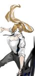  1girl belt black_belt black_pants blonde_hair blue_eyes blue_necktie blush bouncing_breasts breasts floating_hair high_ponytail highres incoming_attack large_breasts library_of_ruina long_hair long_sleeves necktie nishikujic olga_(library_of_ruina) open_mouth pants parted_bangs project_moon shirt sleeves_rolled_up smile solo sword undone_necktie very_long_hair weapon white_shirt 