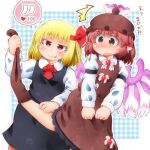  2girls ^^^ animal_ears ascot bird_ears bird_wings black_skirt black_vest blonde_hair blush brown_dress brown_eyes brown_headwear closed_mouth collared_shirt dress earrings frilled_dress frills hair_ribbon hat jewelry long_sleeves matty_(zuwzi) multiple_girls mystia_lorelei open_mouth pink_hair red_ascot red_eyes red_ribbon ribbon rumia shirt short_hair single_earring skirt sleeve_garter smile tongue tongue_out touhou translation_request vest white_shirt white_wings winged_hat wings 