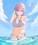 1girl ass_visible_through_thighs bare_arms bare_shoulders bikini blue_sky blush breasts collarbone fate/grand_order fate_(series) grin hair_over_one_eye highres large_breasts layered_bikini light_purple_hair looking_at_viewer maru039 mash_kyrielight mash_kyrielight_(swimsuit_of_perpetual_summer_ver.02) multicolored_bikini multicolored_clothes ocean official_alternate_costume purple_eyes purple_hair see-through short_hair side-tie_bikini_bottom sky smile solo striped striped_bikini swimsuit wading 
