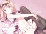  1girl animal_ears black_bow black_thighhighs blonde_hair blue_eyes blunt_bangs bow character_request copyright_request foot_out_of_frame frilled_panties frills hair_bow knee_up legs looking_at_viewer lying navel no_shoes on_back panties pink_background revealing_clothes shimada_fumikane sidelocks sleeveless solo tail thighhighs thighs underwear white_panties 