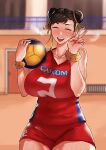  1girl absurdres akasa523 ball black_hair bracelet breasts chun-li closed_eyes collarbone double_bun hair_bun highres jewelry large_breasts open_mouth red_shirt shirt short_hair short_shorts shorts sleeveless sleeveless_shirt solo sportswear street_fighter sweat teeth upper_teeth_only v volleyball_(object) volleyball_uniform 