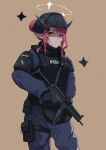  1girl blue_eyes body_armor bulletproof_vest combat_helmet gun h&amp;k_mp5 halo helmet heterochromia highres hololive hololive_english horns irys_(hololive) long_hair looking_at_viewer multicolored_hair pointy_ears police police_uniform policewoman purple_hair red_hair shift_(shiftillust) solo submachine_gun swat tactical_clothes uniform virtual_youtuber weapon 