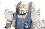  aron_e bullet_hole commentary glowing glowing_eye green_eyes ground_gundam gundam gundam_08th_ms_team highres mecha mobile_suit no_humans robot science_fiction shield simple_background solo turning_head upper_body v-fin white_background 