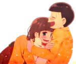  1boy 1girl black_hair blunt_bangs blush bowl_cut braid brown_eyes brown_hair closed_eyes couple freckles hetero hug jumpsuit jyushimatsu&#039;s_girlfriend kabu_(bekka) long_hair long_sleeves matsuno_jyushimatsu open_mouth osomatsu-san ribbon single_braid sitting skirt smile 