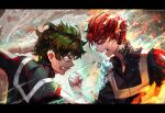  2boys ahoge alternate_eye_color attack battle blue_eyes blurry blurry_background boku_no_hero_academia burn_scar clenched_hand clenched_teeth commentary cryokinesis depth_of_field embers english_commentary eye_contact fang fire floating_hair freckles from_side furrowed_brow gloves green_hair hand_up high_collar highres ice jacket latin_commentary letterboxed looking_at_another male_focus midoriya_izuku mixed-language_commentary multicolored_hair multiple_boys open_collar open_mouth profile pyrokinesis red_eyes red_hair sangrde scar scar_on_face serious short_hair smoke spoilers sweat teeth todoroki_shouto track_jacket two-tone_hair u.a._gym_uniform upper_body web_address white_gloves white_hair 