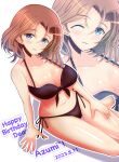  1girl azumi_(girls_und_panzer) bikini birthday blue_eyes blush breasts brown_hair character_name cleavage collarbone dated english_text girls_und_panzer happy_birthday highres kumaisao looking_at_viewer one_eye_closed open_mouth parted_bangs short_hair smile solo swimsuit 