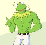  2023 abs amphibian anthro belt biceps bottomwear clothed clothing cosmicboy02 digital_media_(artwork) eyes_closed frill_(anatomy) frog gesture glistening glistening_body green_body hands_on_hips hi_res kermit_the_frog male muppets muscular muscular_anthro muscular_male navel open_mouth open_smile pants pecs pointing pointing_at_viewer signature simple_background smile solo sparkles standing topless white_bottomwear white_clothing white_pants 