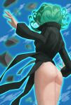  1girl ass aura black_dress blue_sky curly_hair day dress flipped_hair floating floating_clothes floating_object floating_rock green_eyes green_hair hand_up highres medium_hair niwatori5948 no_panties one-punch_man outdoors psychic sky solo tatsumaki telekinesis 