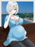  1girl absurdres bench big_belly black_pantyhose blue_eyes blue_shirt blush breasts cleavage collarbone english_commentary grey_hair hair_ornament hair_over_one_eye hairclip hamakaze_(kancolle) hand_on_own_stomach highres kantai_collection looking_at_viewer medium_breasts one_eye_covered pantyhose parted_lips pregnant shirt short_hair sitting solo zarulzaharudin 