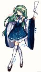  1girl bare_shoulders blue_eyes blue_skirt collared_shirt color_guide detached_sleeves frilled_skirt frilled_sleeves frills frog_hair_ornament gohei green_hair hair_ornament hair_tubes highres holding holding_gohei kochiya_sanae long_hair okobo pixel_art ribbon-trimmed_skirt ribbon_trim rrrssr shirt single_sidelock skirt sleeveless sleeveless_shirt snake_hair_ornament solo thighhighs touhou walking white_shirt white_sleeves white_thighhighs wide_sleeves zettai_ryouiki 