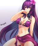  1girl aona_(anagasaki) bare_shoulders bikini bracelet breasts cleavage collarbone fate/grand_order fate_(series) flower hair_between_eyes hair_flower hair_ornament hibiscus highres jewelry kunai large_breasts long_hair looking_at_viewer navel purple_bikini purple_hair red_eyes sarong scathach_(fate) scathach_(swimsuit_assassin)_(fate) smile solo swimsuit thighs weapon 