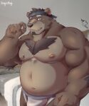  2023 anthro bear belly brown_body bulge clothing fi94014131 hi_res humanoid_hands kemono male mammal moobs musclegut nipples overweight overweight_male solo underwear 