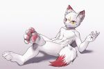  anthro barefoot canid canine claws digital_media_(artwork) feet fishy_fizz foot_focus fox fur hi_res looking_at_viewer lying male mammal nude pawpads paws red_eyes simple_background smile soles solo tail toe_claws toes white_body yellow_eyes 