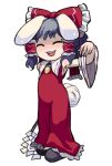 1girl animal_ears armpits black_hair blush bow carrot_necklace closed_eyes commentary_request cosplay detached_sleeves dress flat_chest floppy_ears frilled_bow frilled_dress frilled_hair_tubes frills full_body gohei hair_bow hair_tubes hakurei_reimu hakurei_reimu_(cosplay) hospital_king inaba_tewi jewelry long_dress lowres medium_hair necklace open_mouth rabbit_ears rabbit_girl rabbit_tail red_bow red_dress ribbon-trimmed_sleeves ribbon_trim short_bangs simple_background sleeveless sleeveless_dress smile solo standing tail touhou wavy_hair white_background white_sleeves wide_sleeves 