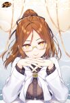  1girl absurdres brown_hair commentary copyright_name english_commentary eyelashes glasses hair_ornament hair_ribbon happy highres long_hair looking_at_viewer mahjong_soul mole official_art orange_eyes ponytail ribbon smile solo terasaki_chihori yostar 