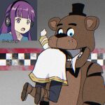  1boy 2girls artist_name bear_boy black_pantyhose blunt_bangs boots brown_footwear commentary english_commentary fern_(sousou_no_frieren) five_nights_at_freddy&#039;s freddy_fazbear frieren full_body furry furry_male gold_trim hand_up hat headphones highres long_hair long_sleeves markiplier matt_dewirdo mini_hat mini_top_hat multiple_girls open_mouth pantyhose portrait purple_eyes purple_hair real_life robot sidelocks skirt sousou_no_frieren straight_hair stuck surprised top_hat v-shaped_eyebrows white_skirt 