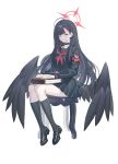  1girl absurdres armband black_choker black_hair black_sailor_collar black_serafuku black_skirt black_socks black_wings blue_archive book breasts chair choker closed_eyes closed_mouth echj feathered_wings hair_ornament hairclip halo highres ichika_(blue_archive) long_hair low_wings medium_breasts neckerchief pleated_skirt red_halo red_neckerchief safety_pin sailor_collar school_uniform serafuku simple_background sitting skirt smile socks solo white_background wings 